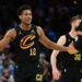 Feb 21, 2025; Cleveland, Ohio, USA; Cleveland Cavaliers forward De'Andre Hunter (12) reacts during the second half against the New York Knicks at Rocket Arena. Mandatory Credit: Ken Blaze-Imagn Images