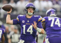 Dec 8, 2024; Minneapolis, Minnesota, USA; Minnesota Vikings quarterback Sam Darnold (14) throws a pass against the Atlanta Falcons during the first quarter at U.S. Bank Stadium. Mandatory Credit: Jeffrey Becker-Imagn Images