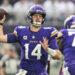 Dec 8, 2024; Minneapolis, Minnesota, USA; Minnesota Vikings quarterback Sam Darnold (14) throws a pass against the Atlanta Falcons during the first quarter at U.S. Bank Stadium. Mandatory Credit: Jeffrey Becker-Imagn Images