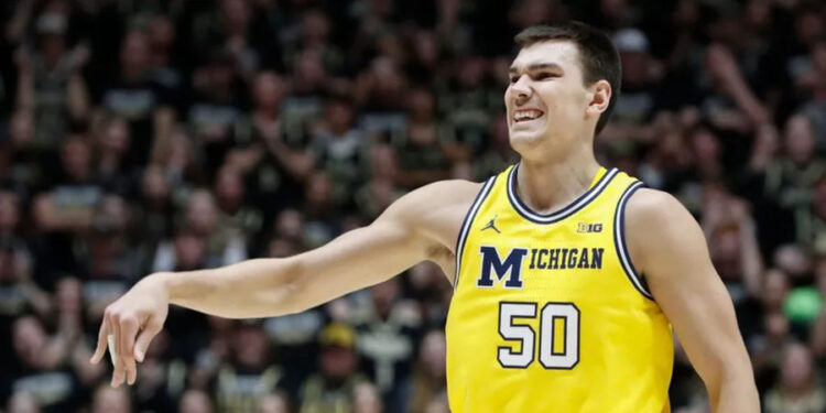 Michigan Wolverines center Vladislav Goldin (50) reacts after missing a shot Friday, Jan. 24, 2025, during the NCAA men’s basketball game against the Purdue Boilermakers at Mackey Arena in West Lafayette, Ind.. PHOTO USA TODAY SPORTS IMAGES