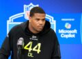 INDIANAPOLIS, INDIANA - FEBRUARY 26: Abdul Carter #DL44 of Penn State speaks to the media during the 2025 NFL Combine at the Indiana Convention Center on February 26, 2025 in Indianapolis, Indiana. (Photo by Justin Casterline/Getty Images)