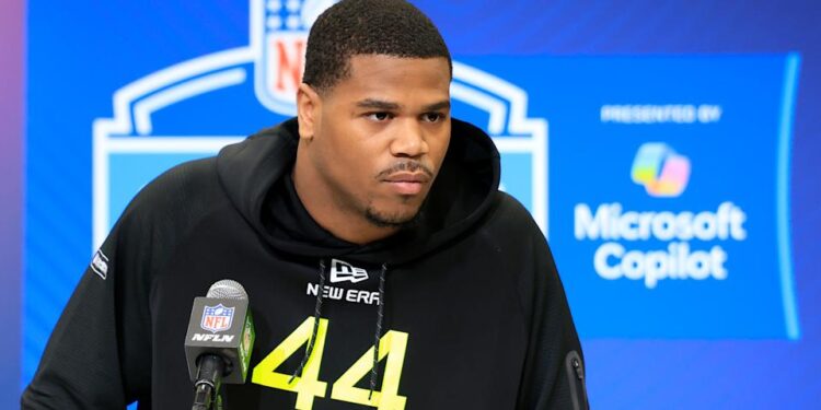 INDIANAPOLIS, INDIANA - FEBRUARY 26: Abdul Carter #DL44 of Penn State speaks to the media during the 2025 NFL Combine at the Indiana Convention Center on February 26, 2025 in Indianapolis, Indiana. (Photo by Justin Casterline/Getty Images)