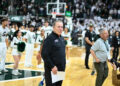 EAST LANSING, MI - FEBRUARY 8: Michigan State Spartans head coach Tom Izzo stands with tears in his eyes after tying former Indiana Hoosiers Bob Knight for the most Big Ten victories after a college basketball game between the Michigan State Spartans and Oregon Ducks on February 8, 2025 at the Breslin Center in East Lansing, MI. (Photo by Adam Ruff/Icon Sportswire via Getty Images)