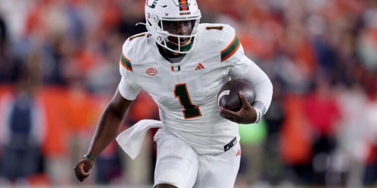 Cam Ward of the Miami Hurricanes goes into the NFL Scouting Combine as the favorite to be the first overall pick. (Photo by Bryan M. Bennett/Getty Images)