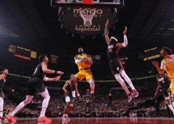 PORTLAND, OR - FEBRUARY 20: LeBron James #23 of the Los Angeles Lakers drives.