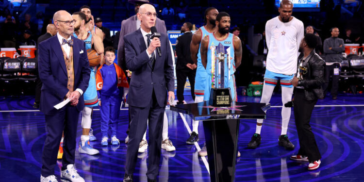 SAN FRANCISCO, CALIFORNIA - FEBRUARY 16: NBA Commissioner Adam Silver speaks during the 74th NBA All-Star Game at Chase Center on February 16, 2025 in San Francisco, California. NOTE TO USER: User expressly acknowledges and agrees that, by downloading and or using this photograph, User is consenting to the terms and conditions of the Getty Images License Agreement. (Photo by Ezra Shaw/Getty Images)