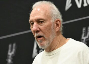 Head Coach and President of the San Antonio Spurs Gregg Popovich speaks during a media day ahead of the NBA season at the Victory Capital Performance Center in San Antonio, Texas, September 30, 2024. (Photo by Patrick T. Fallon / AFP) (Photo by PATRICK T. FALLON/AFP via Getty Images)