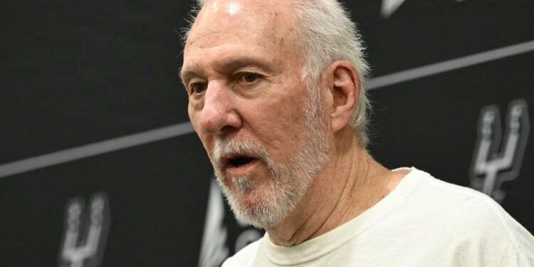 Head Coach and President of the San Antonio Spurs Gregg Popovich speaks during a media day ahead of the NBA season at the Victory Capital Performance Center in San Antonio, Texas, September 30, 2024. (Photo by Patrick T. Fallon / AFP) (Photo by PATRICK T. FALLON/AFP via Getty Images)