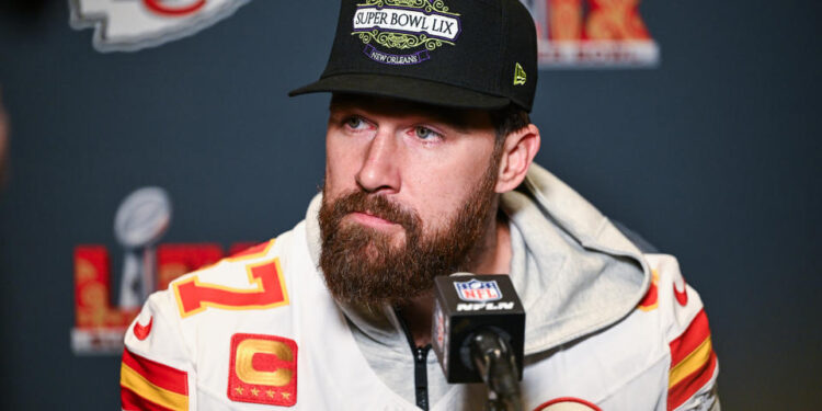 Kansas City Chiefs Tight End, Travis Kelce, during a media conference at the New Orleans Marriott, USA. Kansas City Chiefs face the Philadelphia Eagles at Super Bowl LIX on Sunday. Picture date: Wednesday February 5, 2025. (Photo by PA Wire/PA Images via Getty Images)