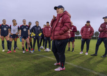 FORT LAUDERDALE, FL - JANUARY 20: Emma Hayes of the United States talks to the team during USWNT training at Florida Blue Training Center on January 20, 2025 in Fort Lauderdale, Florida. (Photo by Brad Smith/ISI Photos/USSF/Getty Images for USSF)