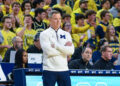 ANN ARBOR, MICHIGAN - FEBRUARY 11: Head Basketball Coach Dusty May of the Michigan Wolverines watches a play from the sideline during the first half of a college basketball game against the Purdue Boilermakers at Crisler Arena on February 11, 2025 in Ann Arbor, Michigan. (Photo by Aaron J. Thornton/Getty Images)