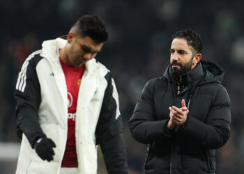 LONDON, ENGLAND - FEBRUARY 16: Ruben Amorim, Manager of Manchester United, applauds the fans after the team's defeat in the Premier League match between Tottenham Hotspur FC and Manchester United FC at Tottenham Hotspur Stadium on February 16, 2025 in London, England. (Photo by Alex Pantling/Getty Images)