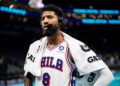 CHARLOTTE, NORTH CAROLINA - DECEMBER 03: Paul George #8 of the Philadelphia 76ers is interviewed after the game against the Charlotte Hornets during the Emirates NBA Cup at Spectrum Center on December 03, 2024 in Charlotte, North Carolina. NOTE TO USER: User expressly acknowledges and agrees that, by downloading and or using this photograph, User is consenting to the terms and conditions of the Getty Images License Agreement. (Photo by Jacob Kupferman/Getty Images)