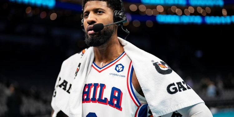 CHARLOTTE, NORTH CAROLINA - DECEMBER 03: Paul George #8 of the Philadelphia 76ers is interviewed after the game against the Charlotte Hornets during the Emirates NBA Cup at Spectrum Center on December 03, 2024 in Charlotte, North Carolina. NOTE TO USER: User expressly acknowledges and agrees that, by downloading and or using this photograph, User is consenting to the terms and conditions of the Getty Images License Agreement. (Photo by Jacob Kupferman/Getty Images)