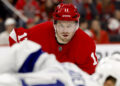 Feb 8, 2025; Detroit, Michigan, USA; Detroit Red Wings right wing Vladimir Tarasenko (11) gets set during a face off in the second period against the Tampa Bay Lightning at Little Caesars Arena<p>Rick Osentoski&comma; Imagn Images</p>