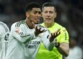 Real Madrid's Jude Bellingham gestures during the Spanish LaLiga soccer match between Real Madrid and Atletico Madrid, in Madrid, Spain,