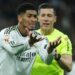 Real Madrid's Jude Bellingham gestures during the Spanish LaLiga soccer match between Real Madrid and Atletico Madrid, in Madrid, Spain,