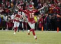 Kansas City Chiefs quarterback Patrick Mahomes (15) celebrates during an AFC Championship NFL football game against the Buffalo Bills Sunday, Jan. 26, 2025, in Kansas City, Mo. (AP Photo/Ed Zurga)