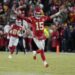 Kansas City Chiefs quarterback Patrick Mahomes (15) celebrates during an AFC Championship NFL football game against the Buffalo Bills Sunday, Jan. 26, 2025, in Kansas City, Mo. (AP Photo/Ed Zurga)