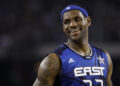 FILE - East All-Star LeBron James of the Cleveland Cavaliers smiles during the NBA All-Star basketball game Sunday, Feb. 14, 2010, at Cowboys Stadium in Arlington, Texas. (AP Photo/LM Otero, File)