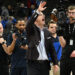 Feb 11, 2025; Omaha, Nebraska, USA;  Connecticut Huskies head coach Dan Hurley waves to the crowd after the win against the Creighton Bluejays at CHI Health Center Omaha. Mandatory Credit: Steven Branscombe-Imagn Images