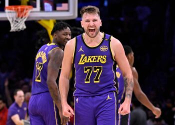 Los Angeles, CA - February 25:  Luka Doncic #77 of the Los Angeles Lakers reacts after a three point shot against the Dallas Mavericks in the first half of a NBA basketball game at Crypto.com Arena in Los Angeles on Tuesday, February 25, 2025. (Photo by Keith Birmingham/MediaNews Group/Pasadena Star-News via Getty Images)