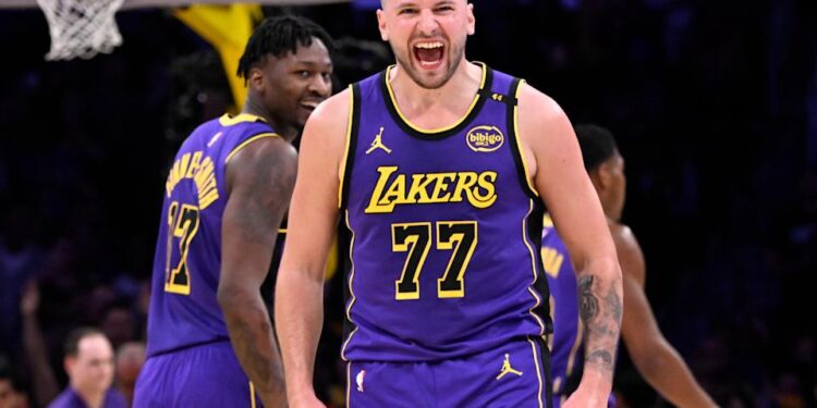 Los Angeles, CA - February 25:  Luka Doncic #77 of the Los Angeles Lakers reacts after a three point shot against the Dallas Mavericks in the first half of a NBA basketball game at Crypto.com Arena in Los Angeles on Tuesday, February 25, 2025. (Photo by Keith Birmingham/MediaNews Group/Pasadena Star-News via Getty Images)