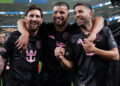 Jan 18, 2025; Las Vegas, Nevada, USA; Inter Miami CF forward Lionel Messi (10), Inter Miami CF defender Marcelo Weigandt (57), and Inter Miami CF defender Jordi Alba (18) walk off the field celebrating after the penalty kick winner against Club America at Allegiant Stadium. Mandatory Credit: David Gonzales-Imagn Images     TPX IMAGES OF THE DAY