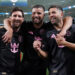 Jan 18, 2025; Las Vegas, Nevada, USA; Inter Miami CF forward Lionel Messi (10), Inter Miami CF defender Marcelo Weigandt (57), and Inter Miami CF defender Jordi Alba (18) walk off the field celebrating after the penalty kick winner against Club America at Allegiant Stadium. Mandatory Credit: David Gonzales-Imagn Images     TPX IMAGES OF THE DAY