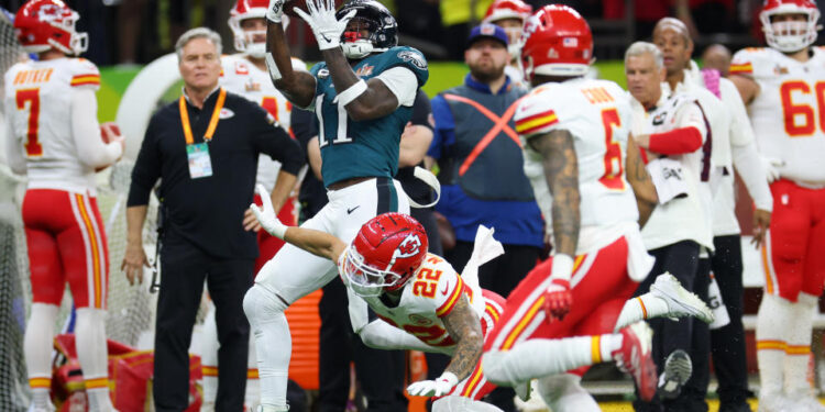 This catch was negated by a controversial pass interference penalty on A.J. Brown. (Photo by Gregory Shamus/Getty Images)