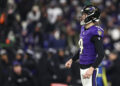 BALTIMORE, MARYLAND - JANUARY 11: Justin Tucker #9 of the Baltimore Ravens lines up before a kick during an NFL football wild card playoff game against the Pittsburgh Steelers at M&T Bank Stadium on January 11, 2025 in Baltimore, Maryland. (Photo by Kevin Sabitus/Getty Images)