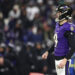 BALTIMORE, MARYLAND - JANUARY 11: Justin Tucker #9 of the Baltimore Ravens lines up before a kick during an NFL football wild card playoff game against the Pittsburgh Steelers at M&T Bank Stadium on January 11, 2025 in Baltimore, Maryland. (Photo by Kevin Sabitus/Getty Images)