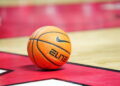 LAS VEGAS, NEVADA - DECEMBER 28: An Elite Champion basketball is shown on the court during a game between the UNLV Rebels and the Fresno State Bulldogs at the Thomas & Mack Center on December 28, 2024 in Las Vegas, Nevada. (Photo by Louis Grasse/Getty Images)