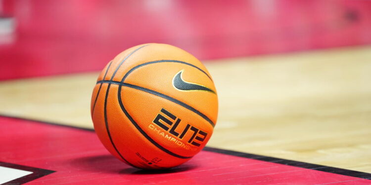 LAS VEGAS, NEVADA - DECEMBER 28: An Elite Champion basketball is shown on the court during a game between the UNLV Rebels and the Fresno State Bulldogs at the Thomas & Mack Center on December 28, 2024 in Las Vegas, Nevada. (Photo by Louis Grasse/Getty Images)