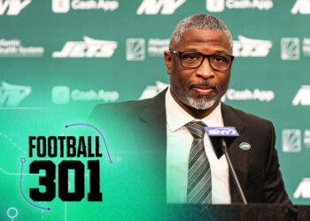 New York Jets head coach Aaron Glenn is introduced to the media. (Photo by Ed Mulholland/Getty Images)