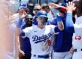 LOS ANGELES, CA - JULY 25, 2024: Los Angeles Dodgers' Kike Hernandez (8) celebrates.