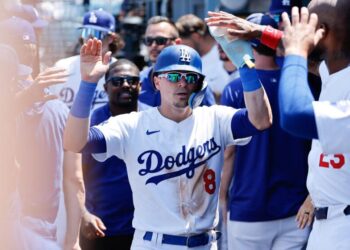 LOS ANGELES, CA - JULY 25, 2024: Los Angeles Dodgers' Kike Hernandez (8) celebrates.