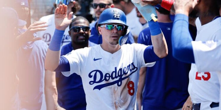 LOS ANGELES, CA - JULY 25, 2024: Los Angeles Dodgers' Kike Hernandez (8) celebrates.