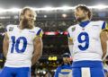 SANTA CLARA, CALIFORNIA - DECEMBER 12: Cooper Kupp #10 of the Los Angeles Rams and Los Angeles Rams quarterback Matthew Stafford (9) share a moment prior to an NFL Football game against the San Francisco 49ers at Levi's Stadium on December 12, 2024 in Santa Clara, California. (Photo by Michael Owens/Getty Images)