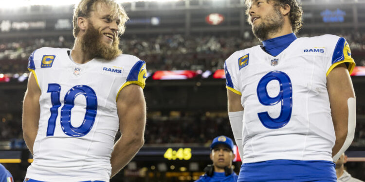 SANTA CLARA, CALIFORNIA - DECEMBER 12: Cooper Kupp #10 of the Los Angeles Rams and Los Angeles Rams quarterback Matthew Stafford (9) share a moment prior to an NFL Football game against the San Francisco 49ers at Levi's Stadium on December 12, 2024 in Santa Clara, California. (Photo by Michael Owens/Getty Images)