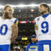 SANTA CLARA, CALIFORNIA - DECEMBER 12: Cooper Kupp #10 of the Los Angeles Rams and Los Angeles Rams quarterback Matthew Stafford (9) share a moment prior to an NFL Football game against the San Francisco 49ers at Levi's Stadium on December 12, 2024 in Santa Clara, California. (Photo by Michael Owens/Getty Images)