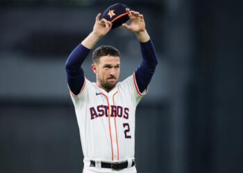 HOUSTON, TEXAS - OCTOBER 01: Alex Bregman #2 of the Houston Astros waves to fans prior to playing the Detroit Tigers in Game One of the Wild Card Series at Minute Maid Park on October 01, 2024 in Houston, Texas. (Photo by Alex Slitz/Getty Images)