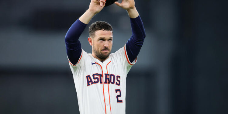 HOUSTON, TEXAS - OCTOBER 01: Alex Bregman #2 of the Houston Astros waves to fans prior to playing the Detroit Tigers in Game One of the Wild Card Series at Minute Maid Park on October 01, 2024 in Houston, Texas. (Photo by Alex Slitz/Getty Images)