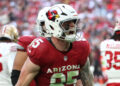 GLENDALE, ARIZONA - JANUARY 5: Tightend Trey McBride #85 of the Arizona Cardinals is pumped up after hurdling a defender in the second half of the San Francisco 49ers versus the Arizona Cardinals NFL football game at State Farm Stadium on January 5, 2025 in Glendale, Arizona. (Photo by Bruce Yeung/Getty Images)