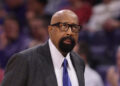 EVANSTON, ILLINOIS - JANUARY 22: Head coach Mike Woodson of the Indiana Hoosiers reacts against the Northwestern Wildcats during the first half at Welsh-Ryan Arena on January 22, 2025 in Evanston, Illinois. (Photo by Michael Reaves/Getty Images)