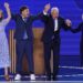 U.S. Democratic vice presidential nominee Minnesota Governor Tim Walz, his wife Gwen Walz and son and daughter Gus and Hope stand onstage on Day 3 of the Democratic National Convention