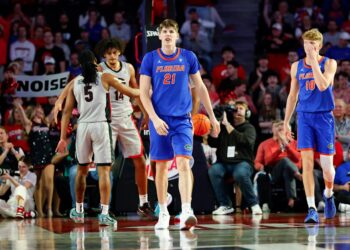 ATHENS, GEORGIA - FEBRUARY 25: Alex Condon #21 of the Florida Gators reacts during the first half against the Georgia Bulldogs at Stegeman Coliseum on February 25, 2025 in Athens, Georgia. (Photo by Todd Kirkland/Getty Images)