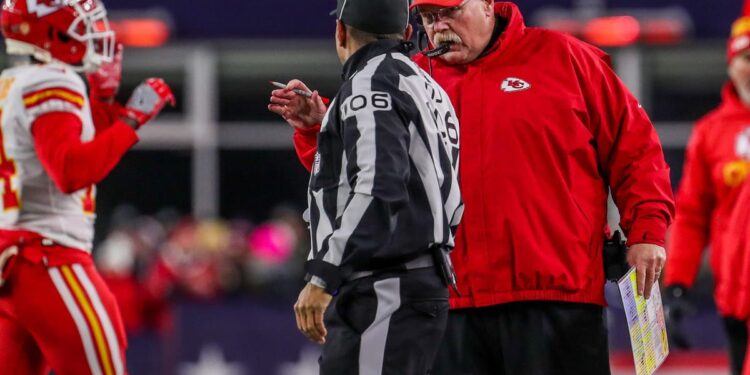 Andy Reid talks to a referee