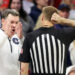 TUCSON, ARIZONA - FEBRUARY 15: Head coach Tommy Lloyd of the Arizona Wildcats gestures to referee Gregory Nixon during the game against the Houston Cougars at McKale Center on February 15, 2025 in Tucson, Arizona. The Cougars defeated the Wildcats 62-58. (Photo by Chris Coduto/Getty Images)