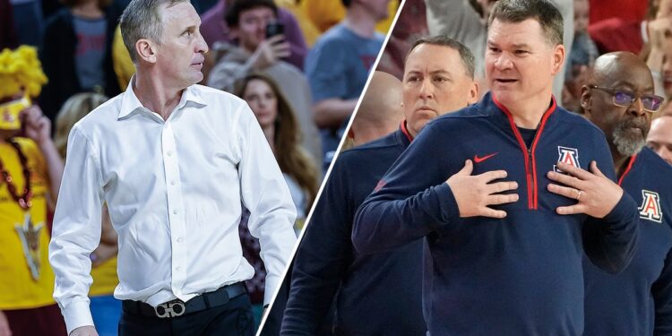 Bobby Hurley and Tommy Lloyd look at each other